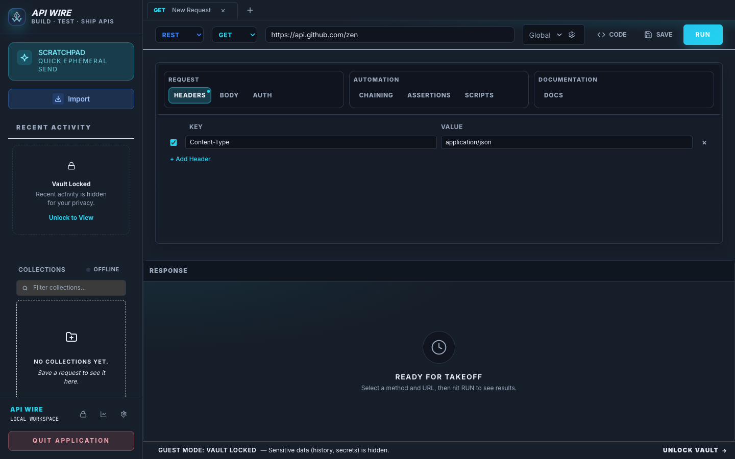 API Wire desktop workspace showing collections, requests, and response tooling
